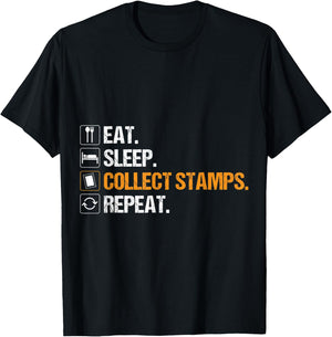 Funny Stamp Design Eat Sleep Collect Stamps T-Shirt - T-Shirt | Black