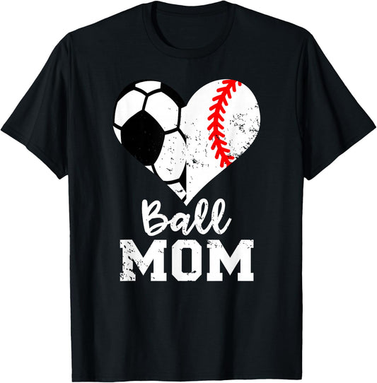 Ball Mom Heart Funny Baseball Soccer Mom T-Shirt - T-Shirt | Black