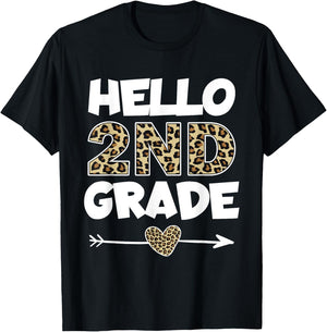 Hello 2nd Grade Leopard Print Second Grade Teacher Kids Gift T-Shirt - T-Shirt | Black