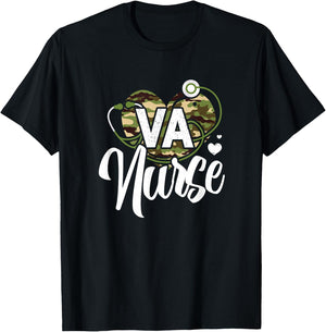 VA Nurse Camo Camouflage Stethoscope Heart T-Shirt - T-Shirt | Black