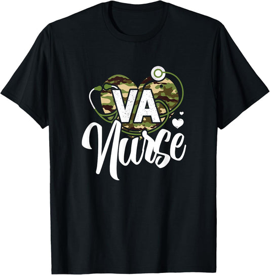 VA Nurse Camo Camouflage Stethoscope Heart T-Shirt - T-Shirt | Black