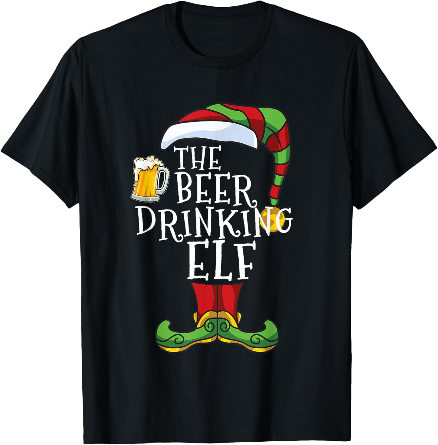 Beer Drinking Elf Lover Family Matching Christmas Funny T-Shirt - T-Shirt | Black