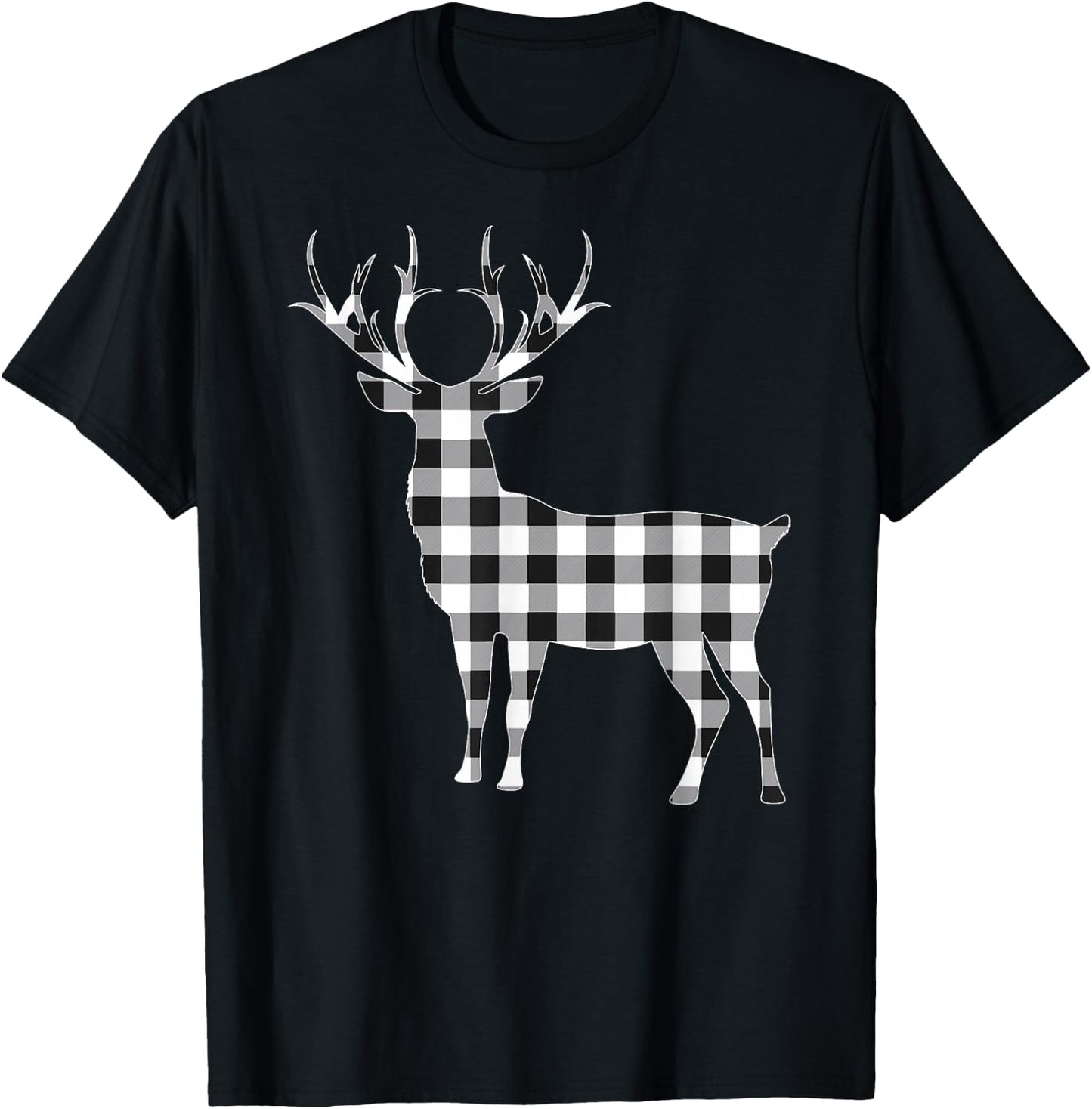 Black and White Buffalo Plaid Reindeer Christmas Deer Pajama T-Shirt - T-Shirt | Black