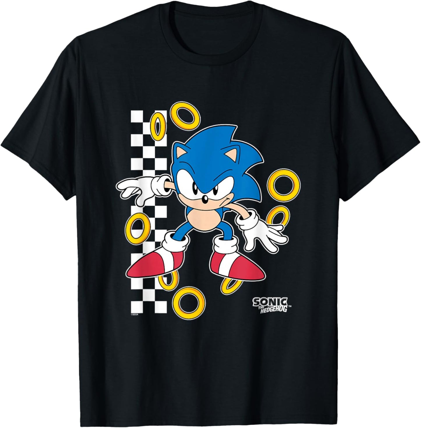 Sonic The Hedgehog Ready For Action Golden Rings Retro Shot T-Shirt - T-Shirt | Black