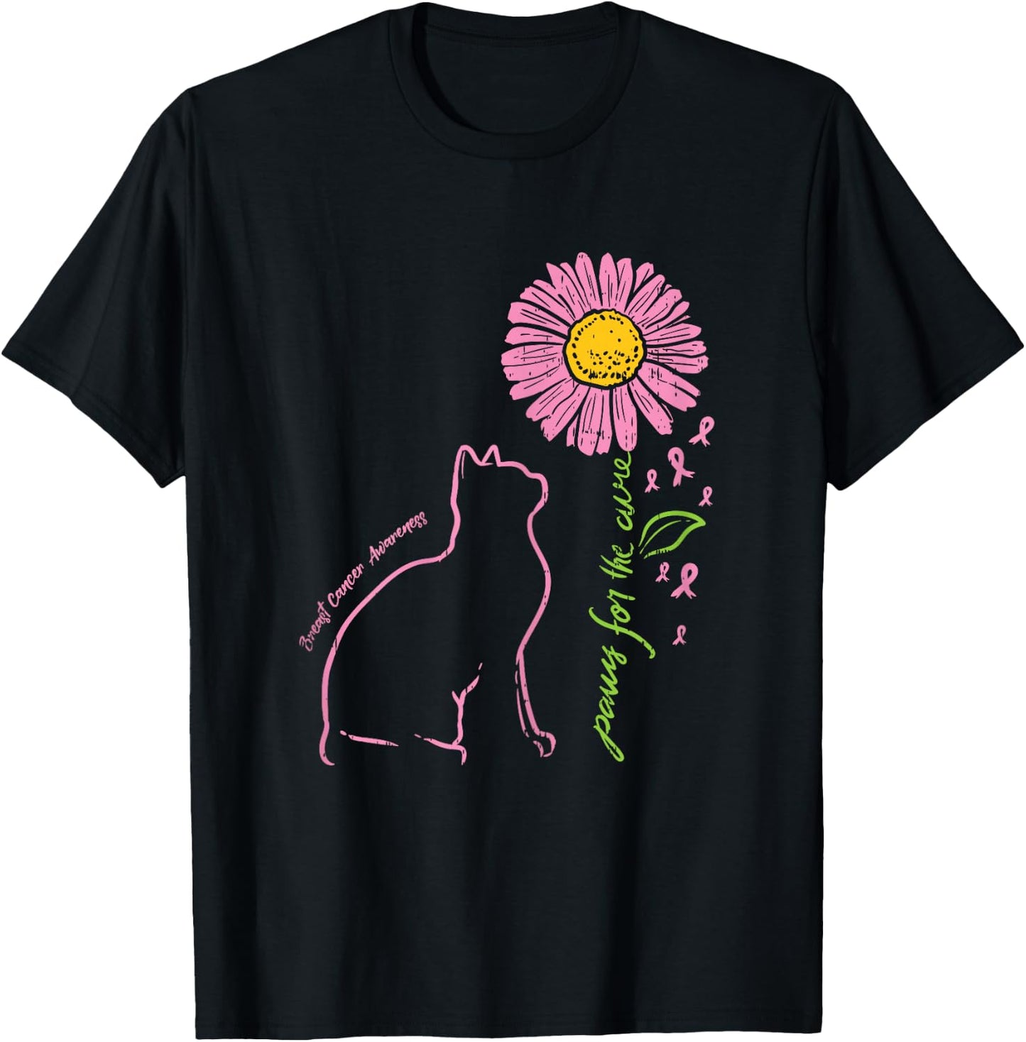 Cat Flower Paw For Cure Breast Cancer Awareness Support Gift T-Shirt - T-Shirt | Black