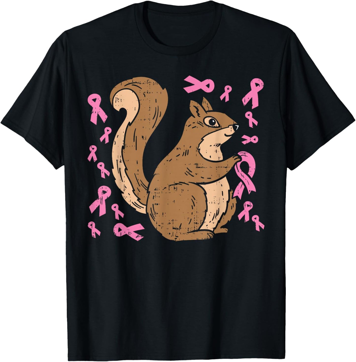 Squirrel Pink Ribbon Breasr Cancer Awareness Support Gift T-Shirt - T-Shirt | Black