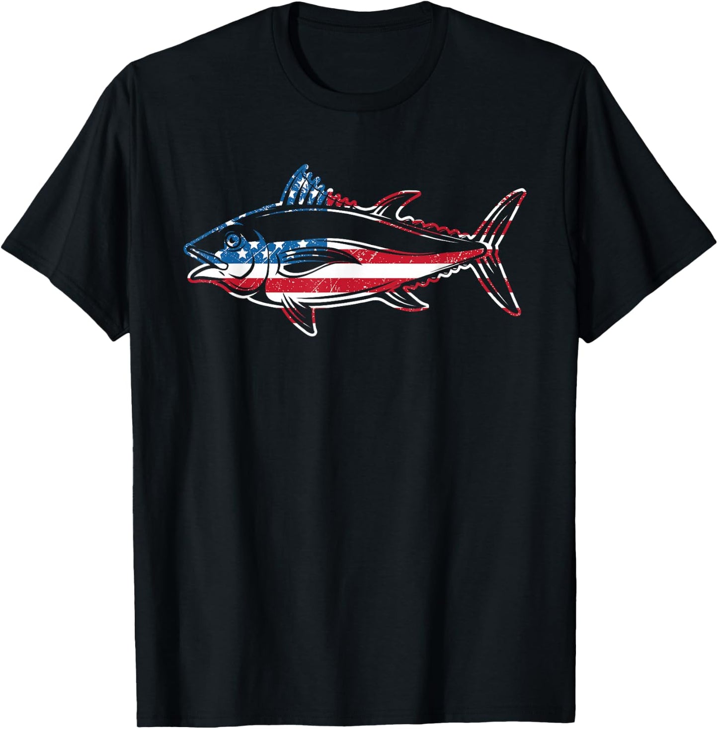 Tuna Fishing American Flag Giant Bluefin Fish Fisherman T-Shirt - T-Shirt | Black