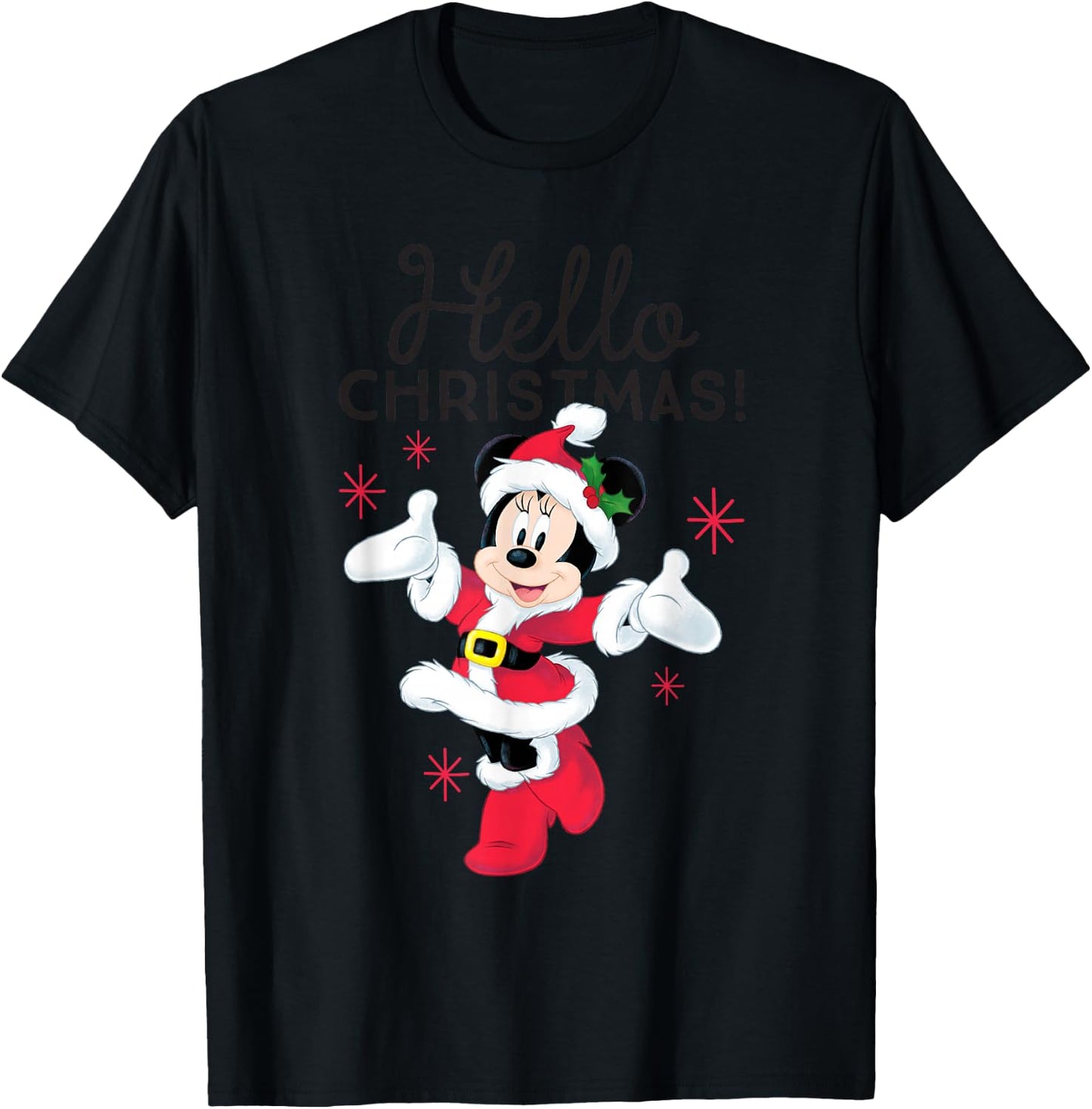 Disney Santa Minnie Mouse Hello Christmas Holiday Short Sleeve T-Shirt - T-Shirt | Black