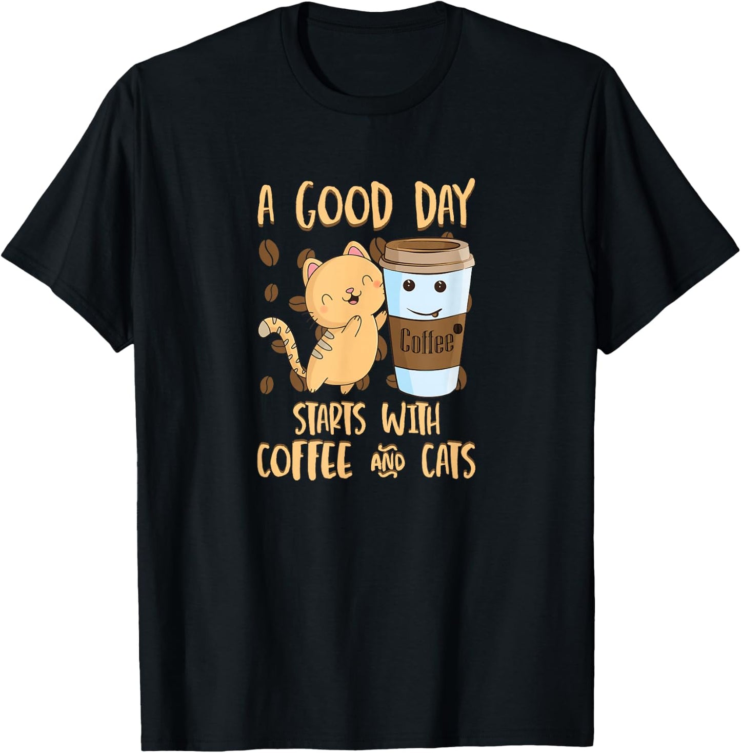 Cats Coffee A Good Day Starts With Coffee Cats T-Shirt - T-Shirt | Black