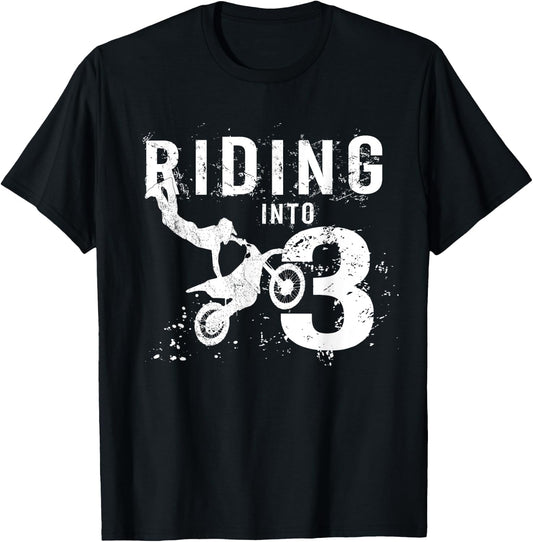 Riding Into 3 Years Old 3rd Birthday Boy Dirt Bike Party T-Shirt - T-Shirt | Black