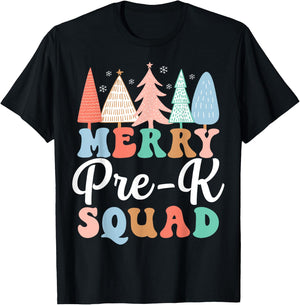 Merry Pre-K Squad PreK Teacher Preschool PreK Christmas Tree T-Shirt - T-Shirt | Black