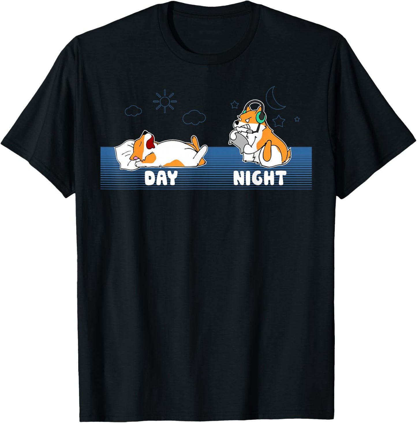 Sleep All Day Play Games All Night Funny Dog Corgi Gamer T-Shirt - T-Shirt | Black