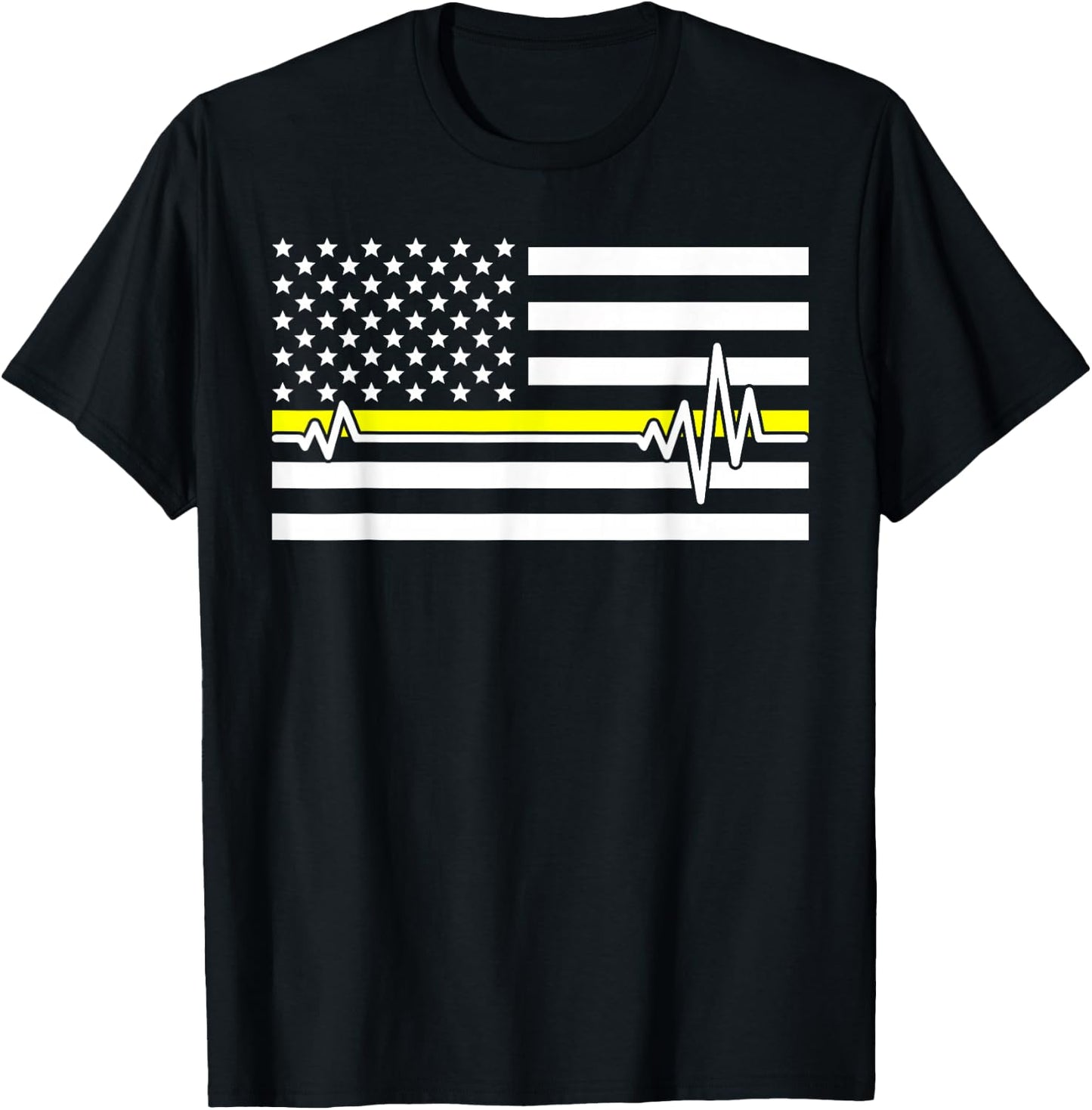 Thin Line In Yellow Us Flag Heartbeat Dispatcher Love Gift T-Shirt - T-Shirt | Black