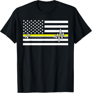 Thin Line In Yellow Us Flag Heartbeat Dispatcher Love Gift T-Shirt - T-Shirt | Black