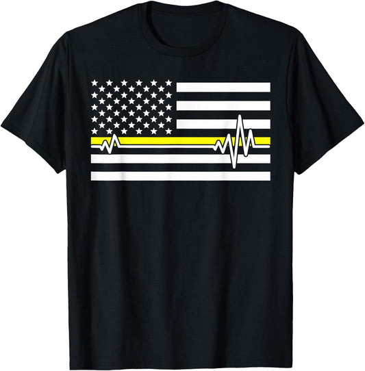 Thin Line In Yellow Us Flag Heartbeat Dispatcher Love Gift T-Shirt - T-Shirt | Black