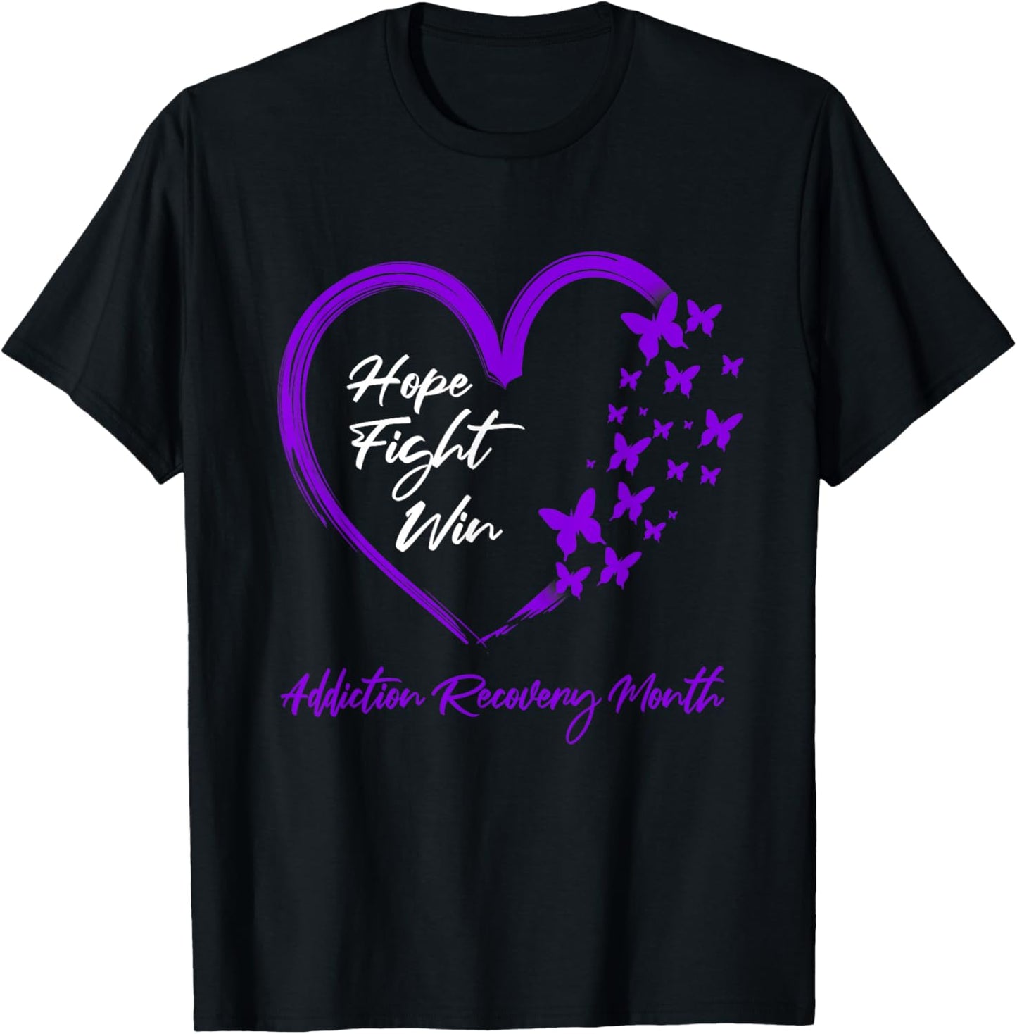 Hope Fight Win Addiction Recovery Month Purple Heart T-Shirt - T-Shirt | Black