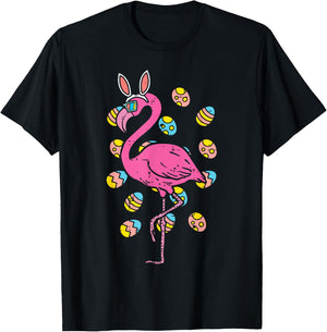 Flamingo Bunny Ears Glasses Eggs Easter Bird Animal Women T-Shirt - T-Shirt | Black