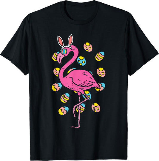 Flamingo Bunny Ears Glasses Eggs Easter Bird Animal Women T-Shirt - T-Shirt | Black