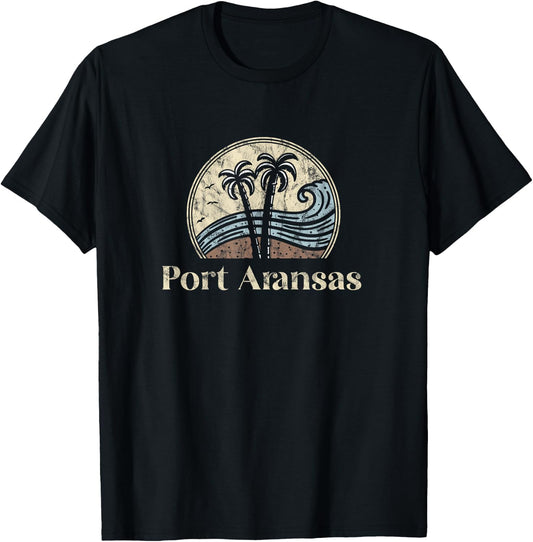 Vintage Port Aransas TX Palm Trees Texas Souvenir Beach T-Shirt - T-Shirt | Black