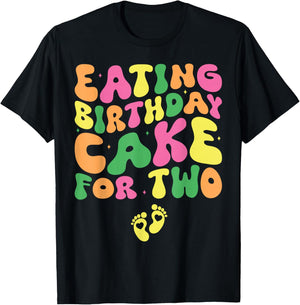 Birthday Pregnancy Announcement Apparel Co. Eating Birthday Cake For Two Pregnancy Announcement - Black, Small, -Adults, Short Sleeve T-Shirt - T-Shirt | Black