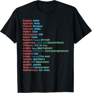Hello Word in Different Languages Travel - - Black - Small - Short Sleeve T-Shirt - T-Shirt | Black