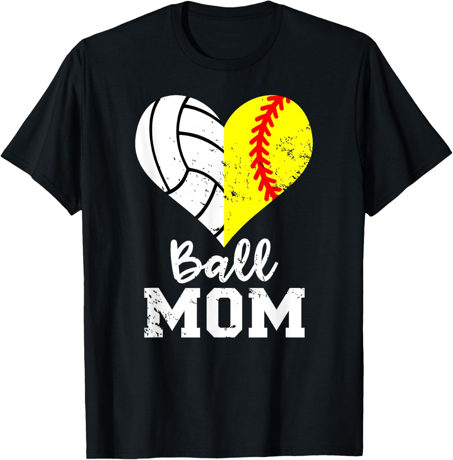 Ball Mom Heart Funny Softball Volleyball Mom T-Shirt - T-Shirt | Black