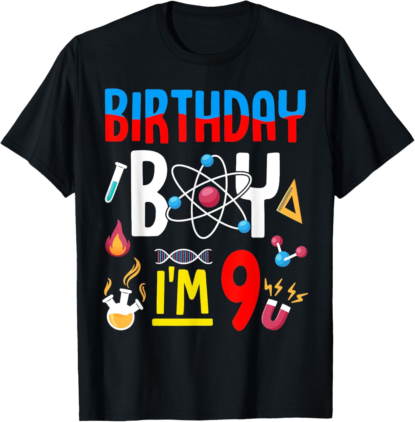 9th Birthday Boy Girls Science Theme 9 Year Old Funny B-Day T-Shirt - T-Shirt | Black