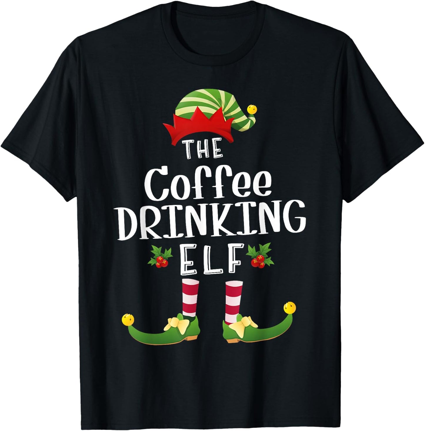 Coffee Drinking Christmas Elf Matching Pajama X-Mas Party T-Shirt - T-Shirt | Black