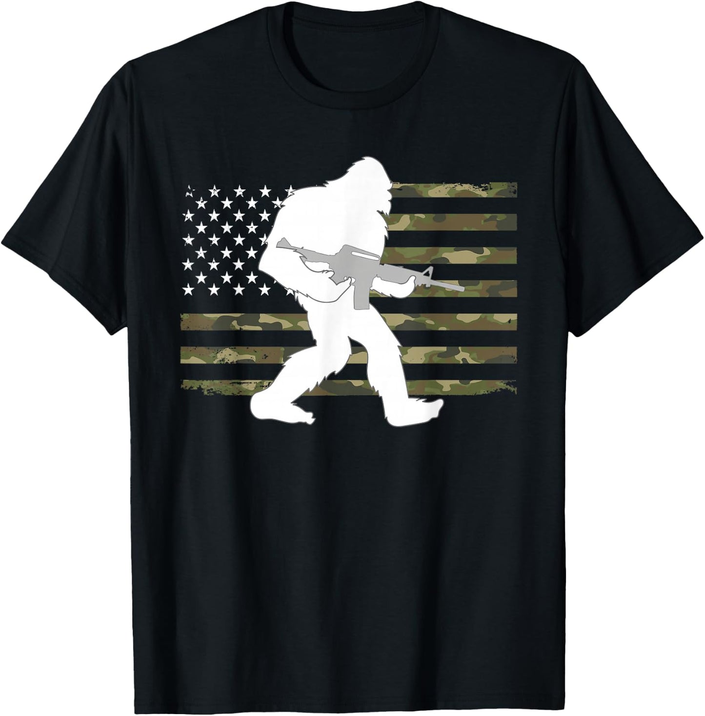 Bigfoot Gun Owner Camo US American Flag Sasquatch AR15 Rifle T-Shirt - T-Shirt | Black
