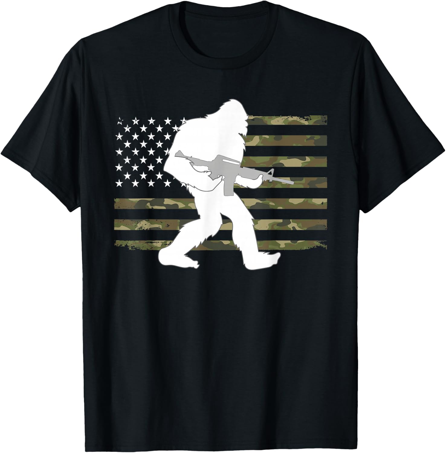 Bigfoot Gun Owner Camo US American Flag Sasquatch AR15 Rifle T-Shirt - T-Shirt | Black