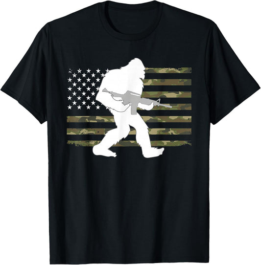 Bigfoot Gun Owner Camo US American Flag Sasquatch AR15 Rifle T-Shirt - T-Shirt | Black