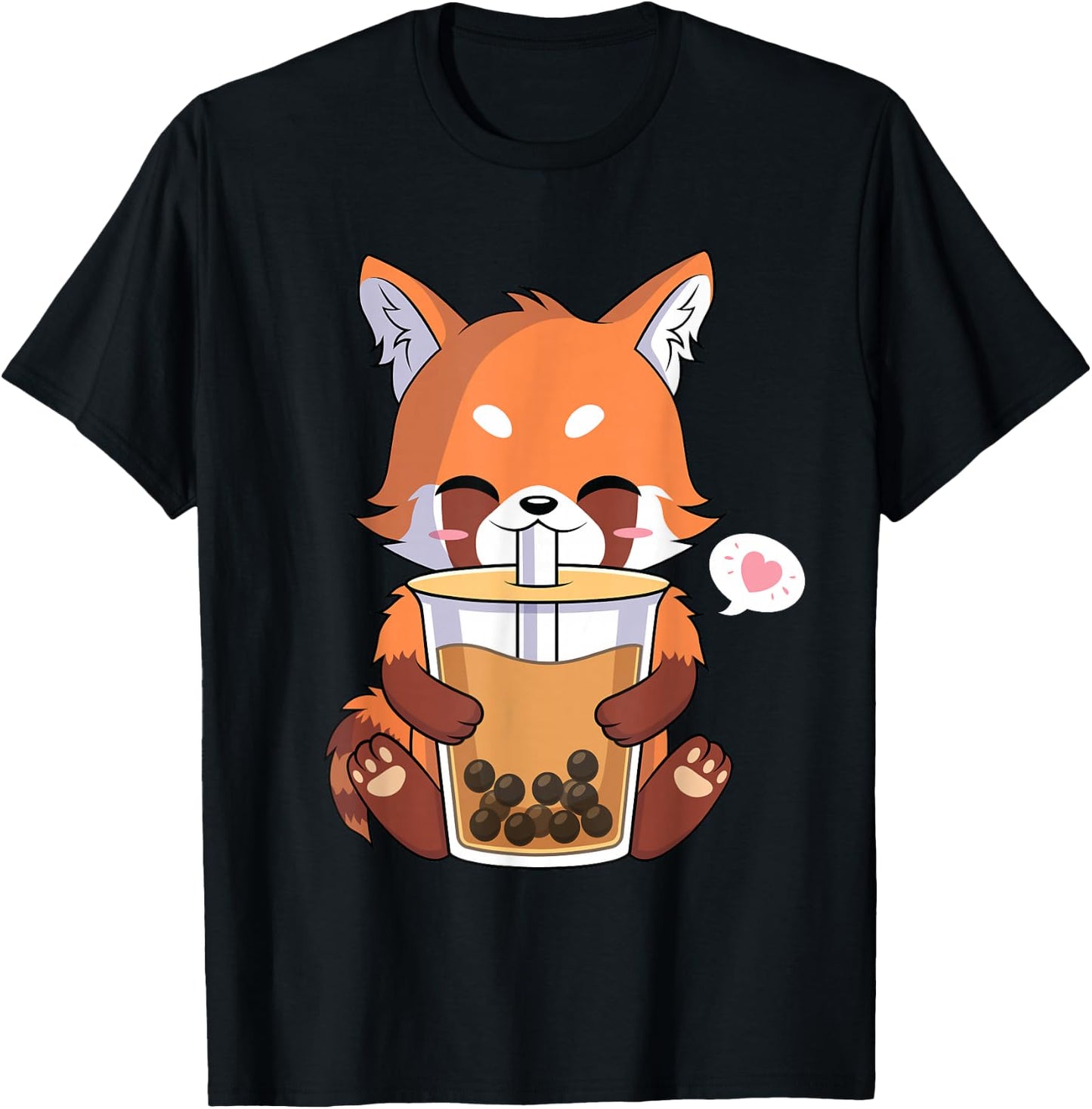 Kawaii Anime Red Panda Drinking Boba Bubble Tea T-Shirt - T-Shirt | Black