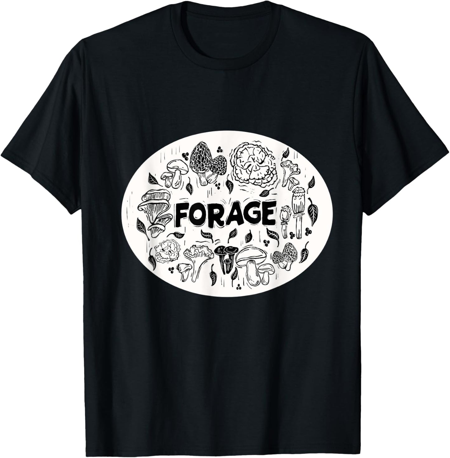 FORAGE ~ Mushroom Foraging ~ Chanterelle Morel ~ Linocut T-Shirt - T-Shirt | Black