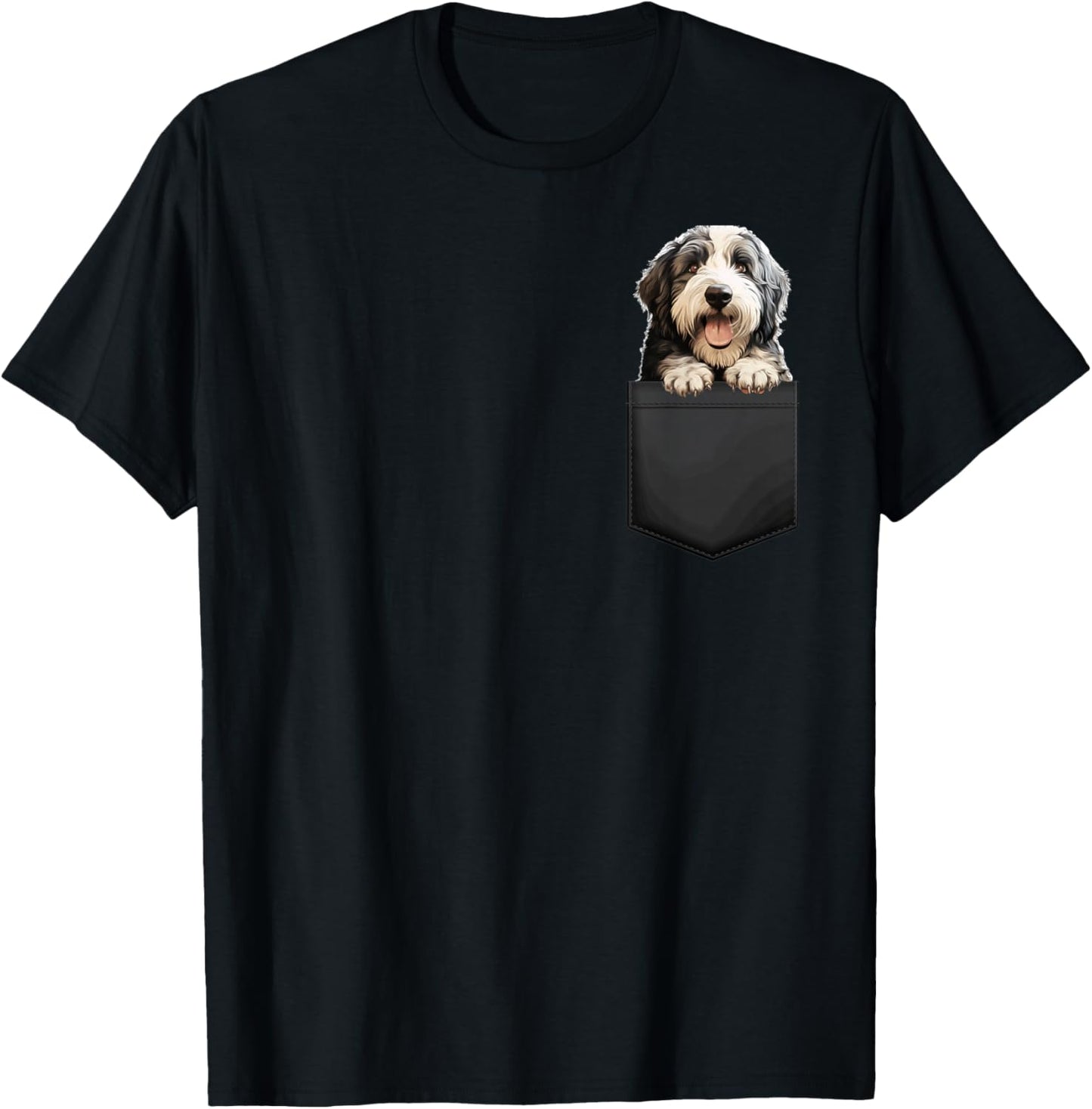 Dog Old English Sheepdog Puppy Dog In Pocket Cute Pet Lover T-Shirt - T-Shirt | Black