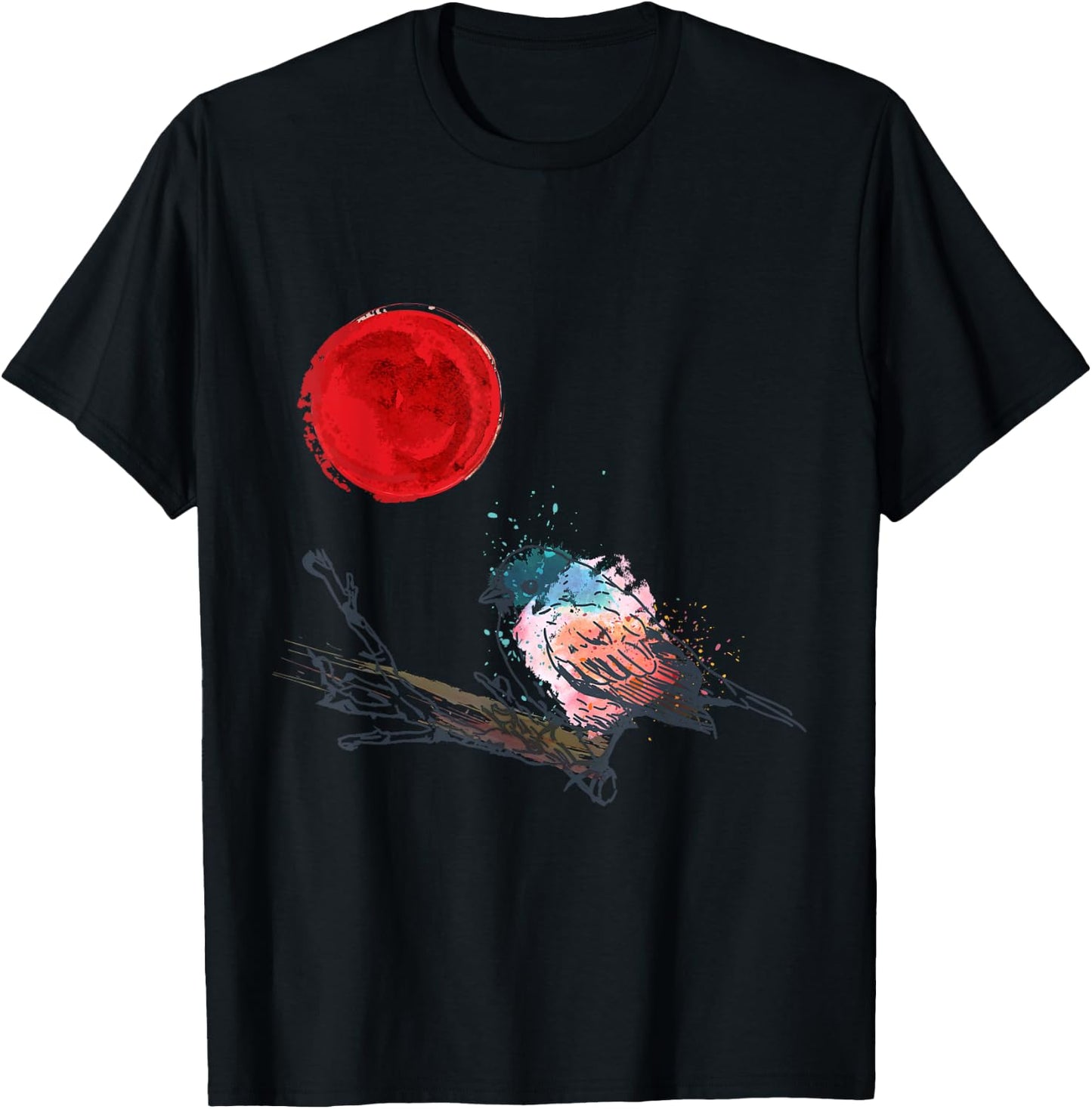 Murakami Birding Retro Colorful Bird Matching Red Moon Style T-Shirt - T-Shirt | Black