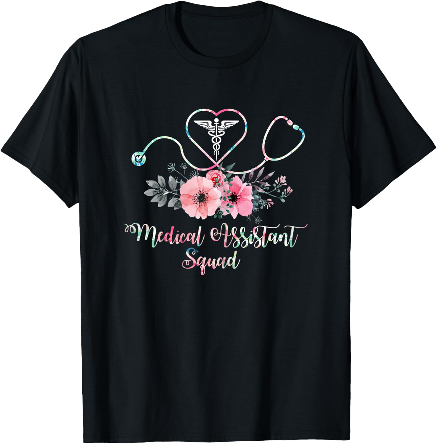 Cute Medical Assistant Squad Costume Stethoscope Floral T-Shirt - T-Shirt | Black