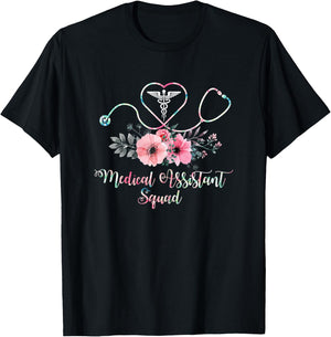 Cute Medical Assistant Squad Costume Stethoscope Floral T-Shirt - T-Shirt | Black