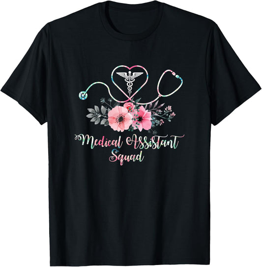 Cute Medical Assistant Squad Costume Stethoscope Floral T-Shirt - T-Shirt | Black