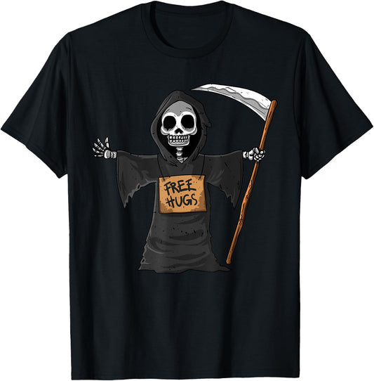 Free Hugs Grim Reaper Halloween Party Cosplay Lazy Costume T-Shirt - T-Shirt | Black