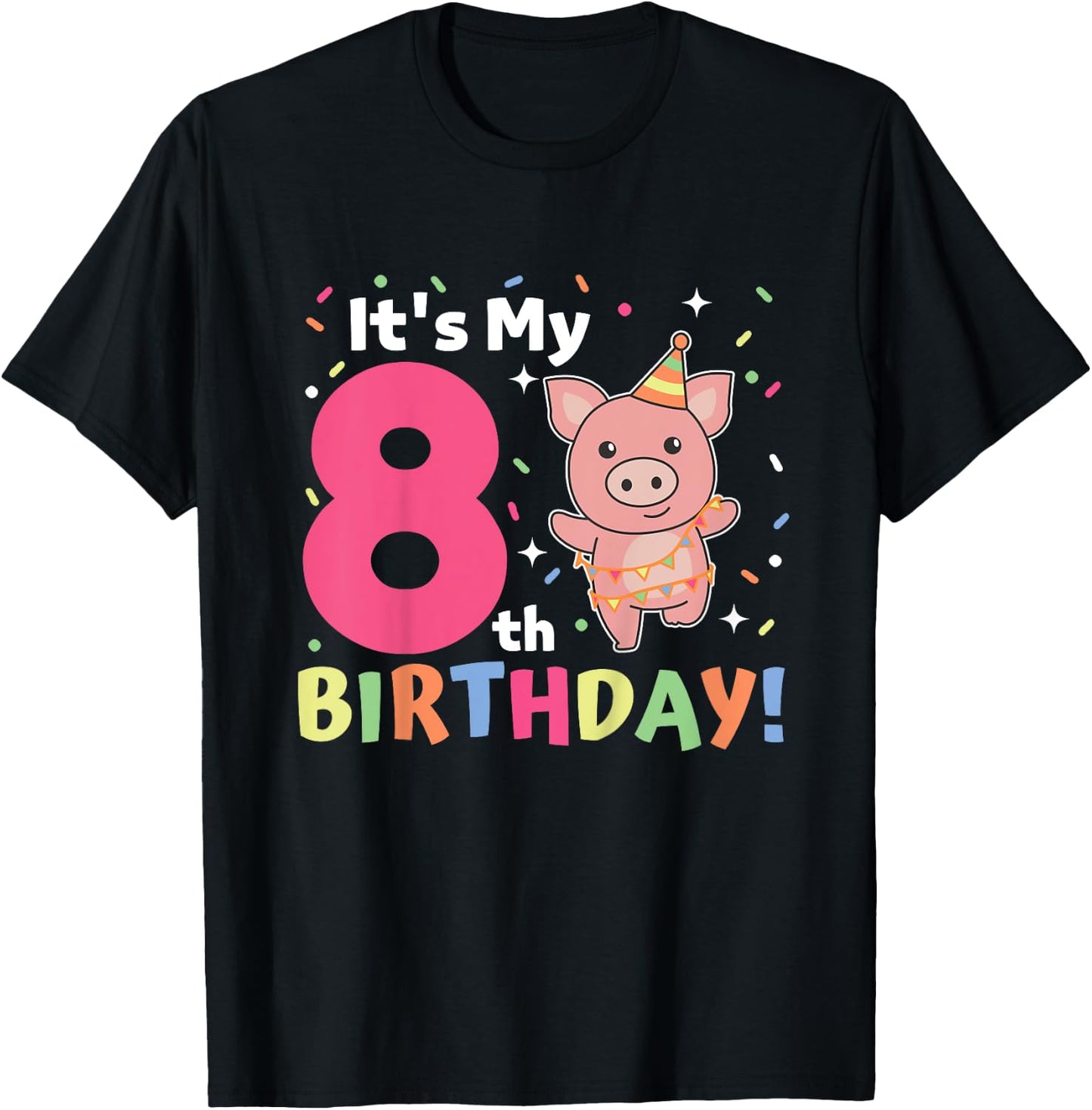 Kids 8th Birthday Pig For Children Eight Years Old T-Shirt - T-Shirt | Black