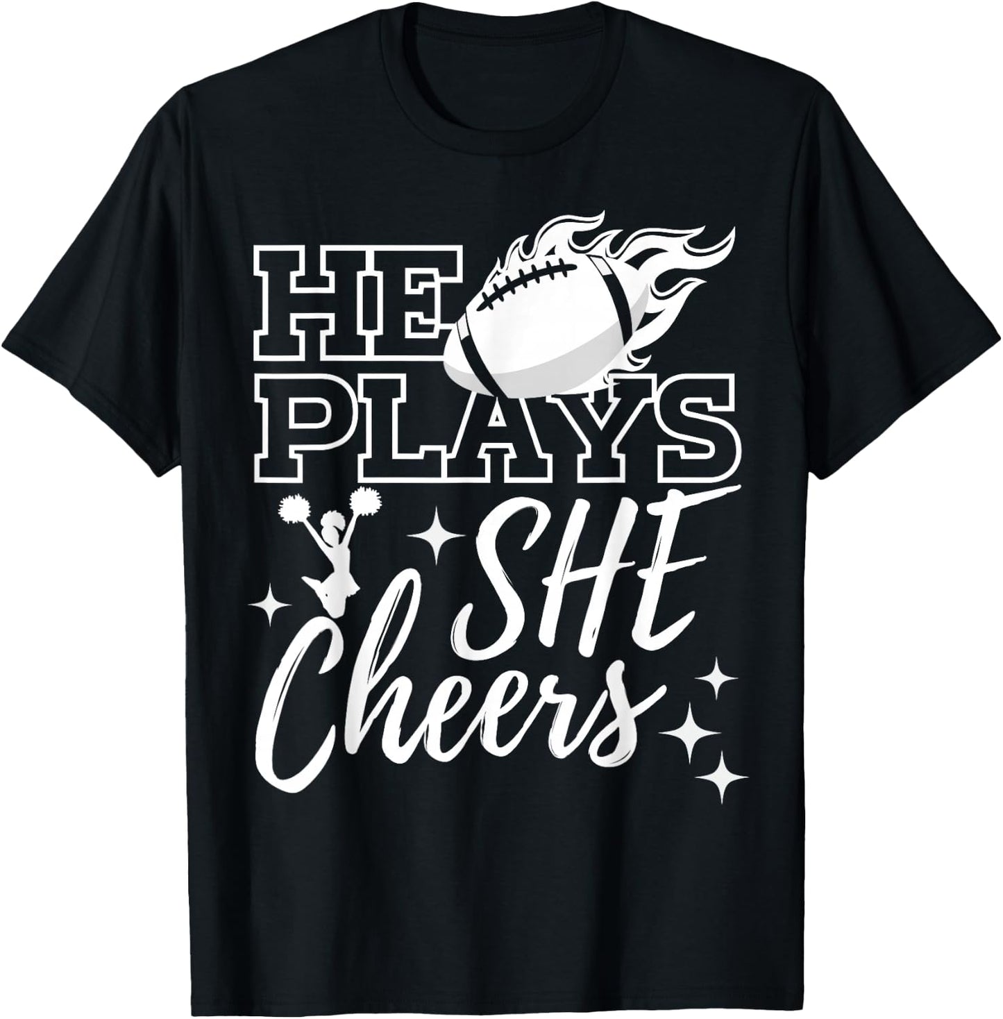 He Plays She Cheers High School Football Player Cheerleader T-Shirt - T-Shirt | Black