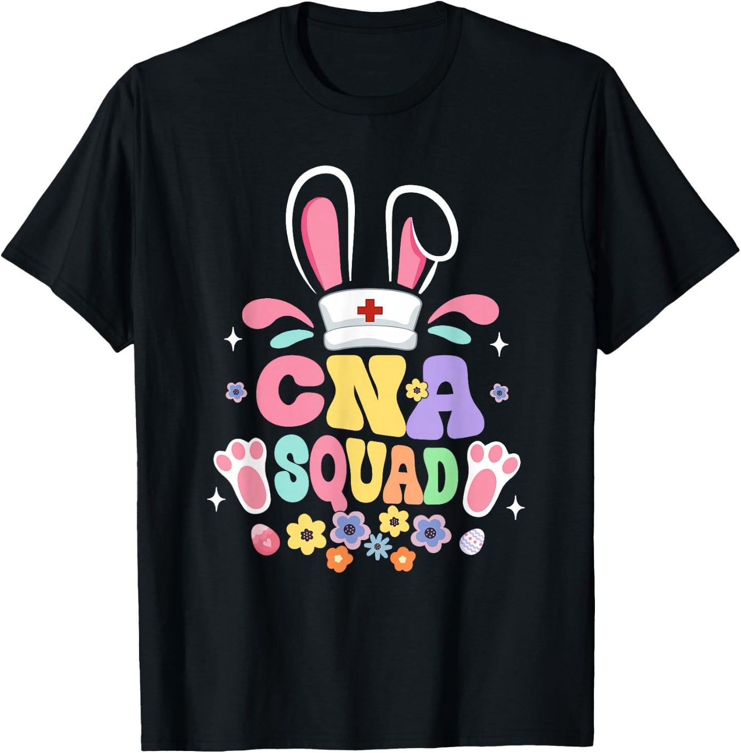 Retro Groovy CNA Squad Bunny Ear Flower Easter T-Shirt - T-Shirt | Black