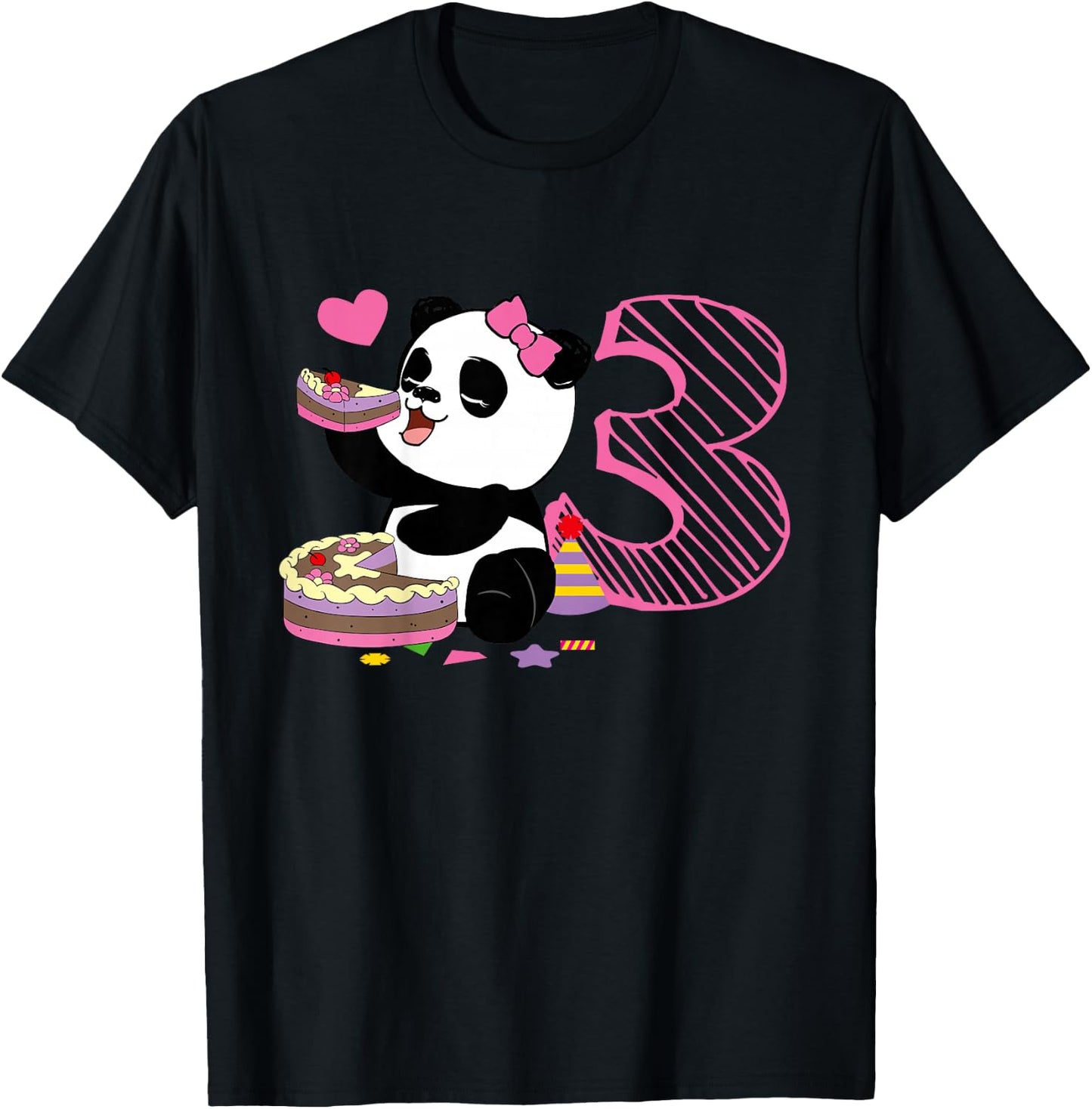 Kids Cute Panda 3 Years Old Girls Birthday Party T-Shirt - T-Shirt | Black