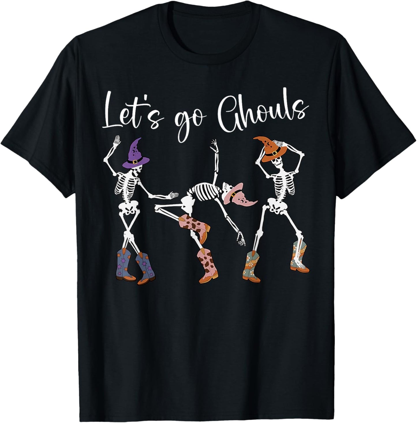 Let's Go Ghouls Dancing Skeleton Cowboy Western Halloween T-Shirt - T-Shirt | Black