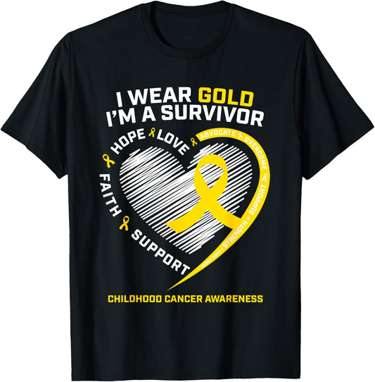 I Wear Gold I'm A Survivor Kids Childhood Cancer Awareness T-Shirt - T-Shirt | Black