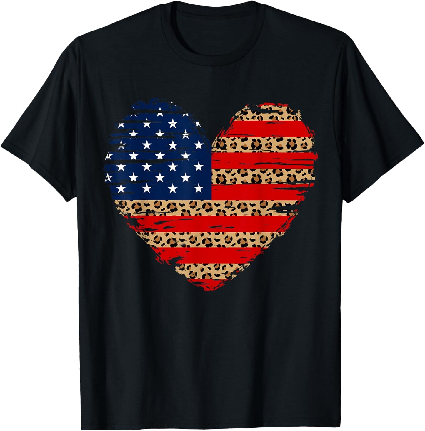 American Flag Heart 4th of July Leopard Print USA Patriotic T-Shirt - T-Shirt | Black
