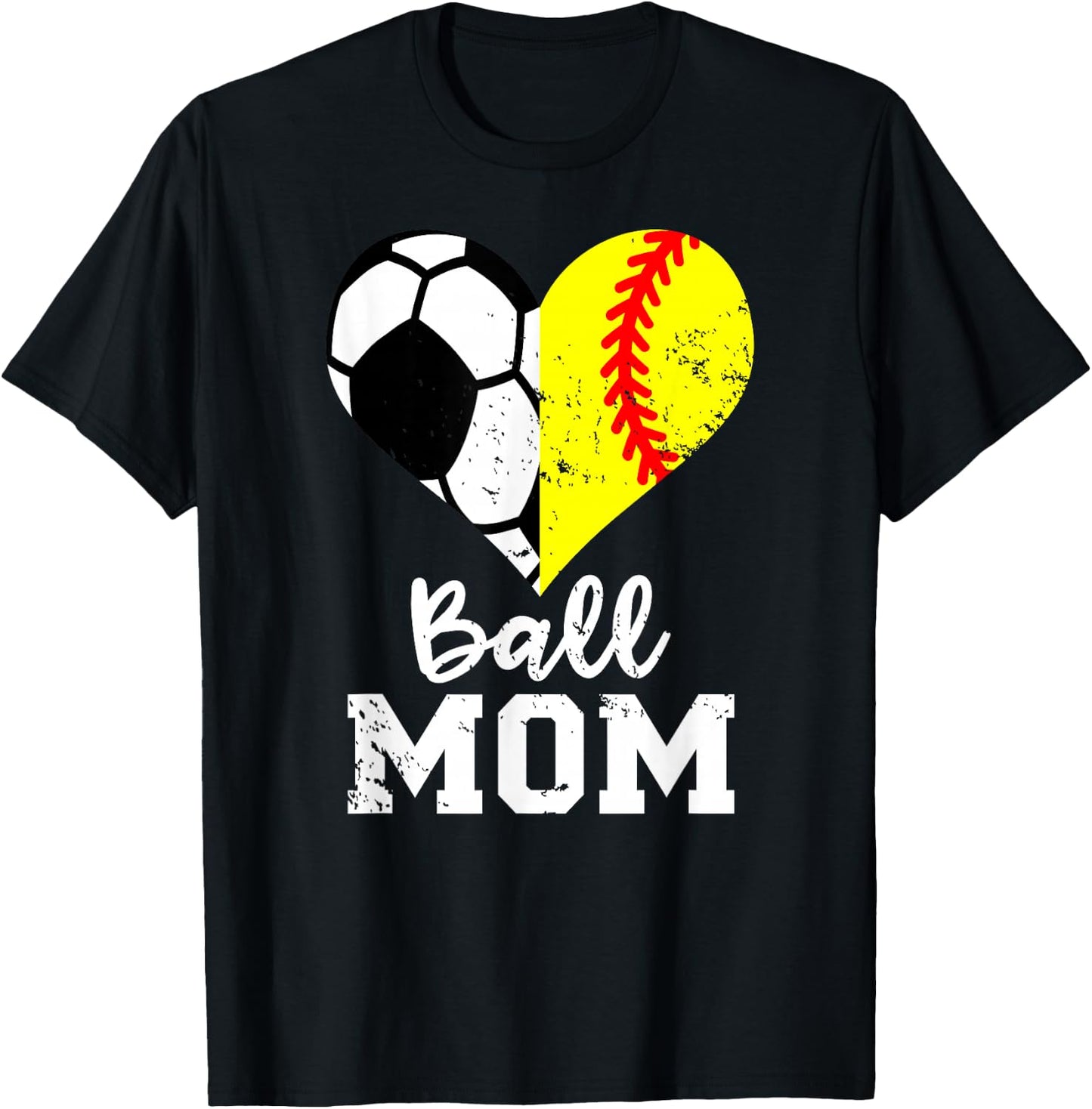 Ball Mom Heart Funny Softball Soccer Mom T-Shirt - T-Shirt | Black