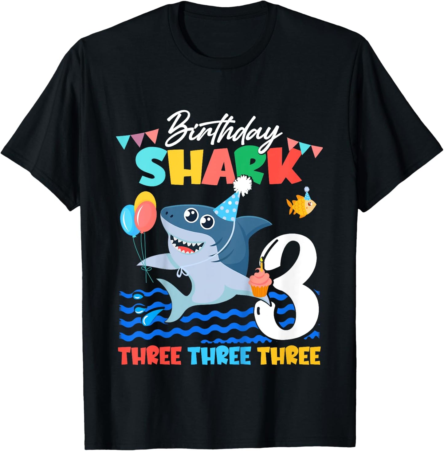 Baby Cute Shark Birthday Boy 3 Year Old Gift - Three Three T-Shirt - T-Shirt | Black