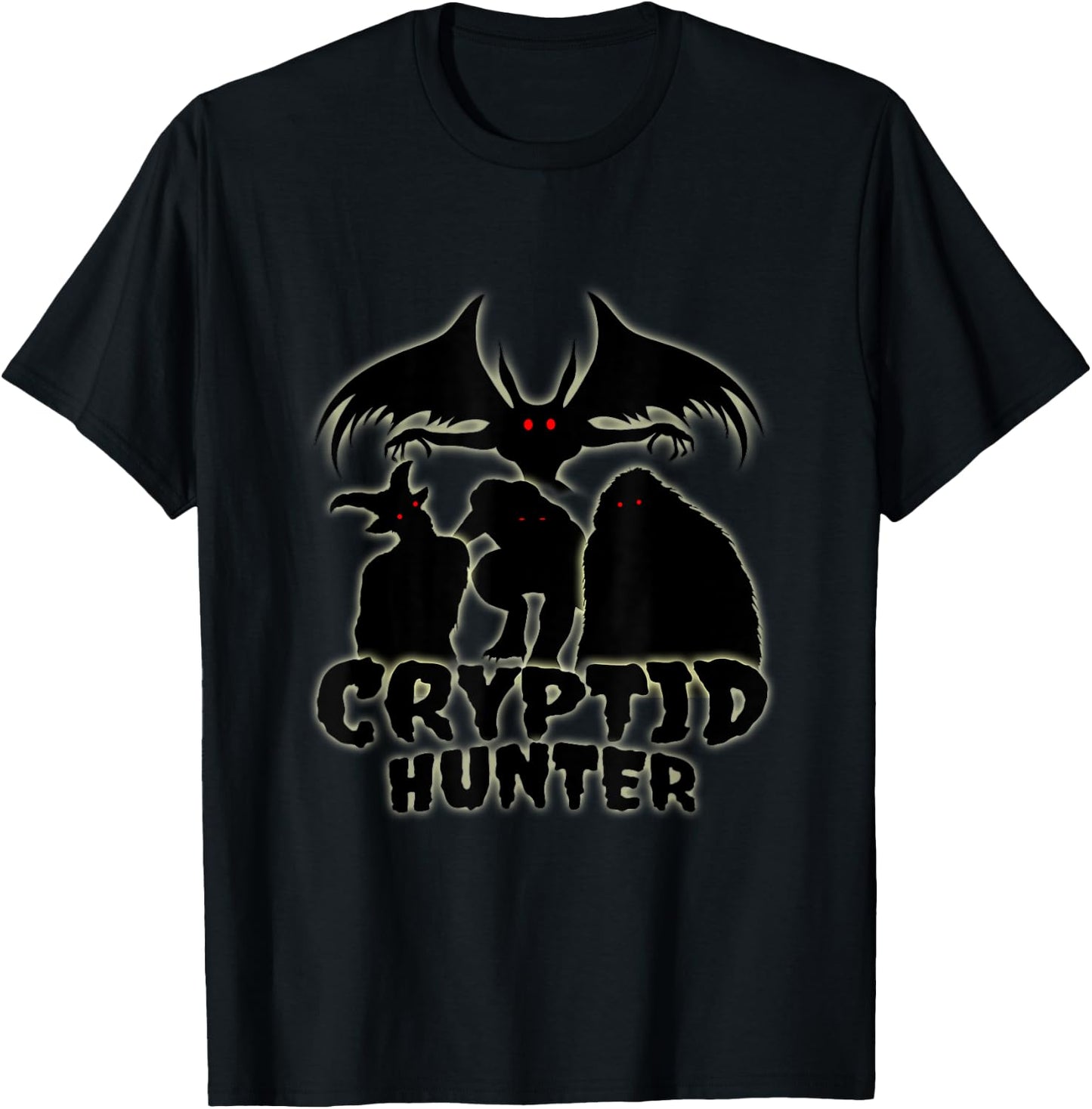 Cryptid Hunter with Goatman Memo Mothman T-Shirt - T-Shirt | Black