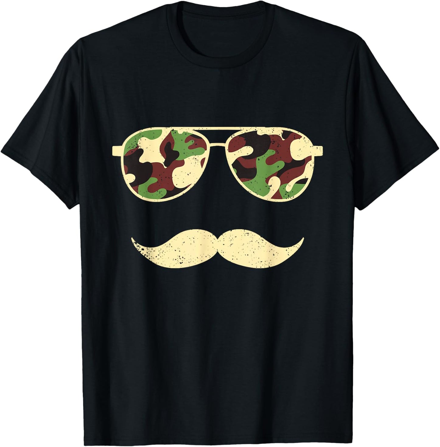 Camo Sunglasses Mustache Funny Retro Camo Veterans Day T-Shirt - T-Shirt | Black